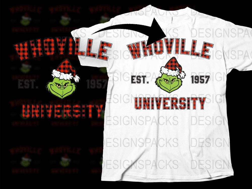 Whoville University T-Shirt, Christmas Grinch Graphic Tee, Holiday Festive Apparel, Vintage 1957 Style, Unisex Clothing Gift Idea