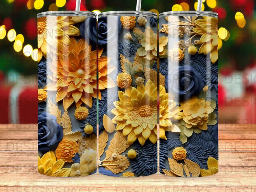 Floral tumbler with yellow and blue embossed flowers and leaves.