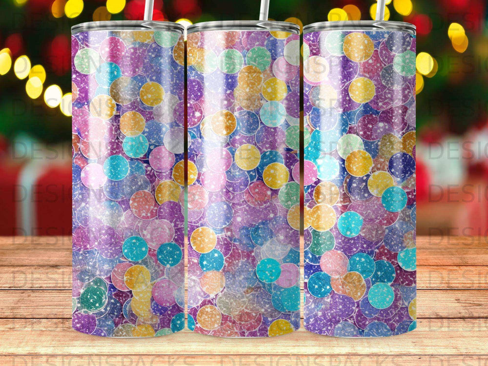 Tumbler with colorful confetti pattern and glitter accents.