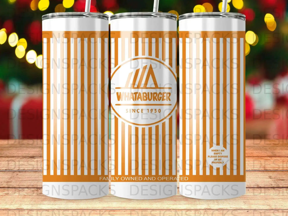 Whataburger tumbler with orange and white stripes and disposable instructions.