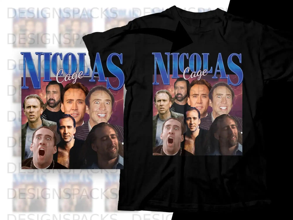 Nicolas Cage collage t-shirt, multiple expressive portraits of Nicolas Cage.