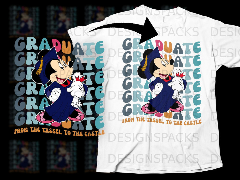 Mickey Mouse wearing a graduation cap and gown holding a diploma, with "GRADUATE" text and "FROM THE TASSEL TO THE CASTLE".