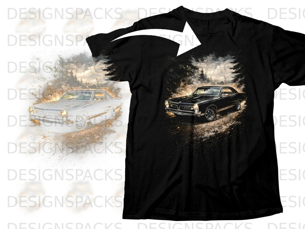 Black t-shirt featuring a vintage black GTO car on a dusty road with trees and a windmill.