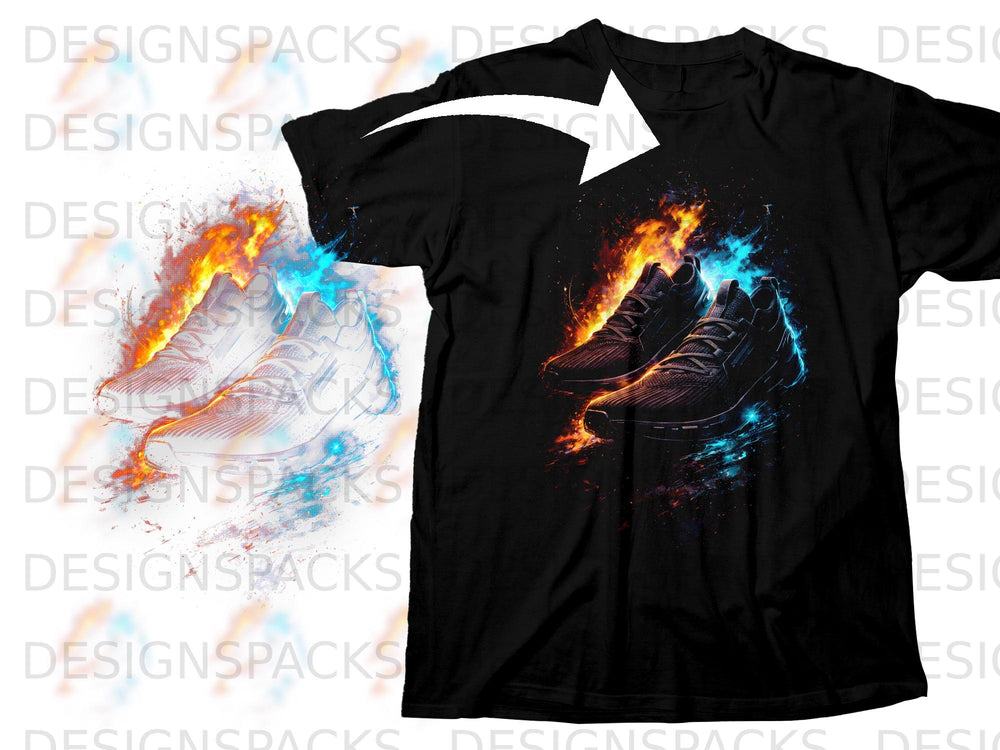 Black t-shirt with graphic print of two sneakers engulfed in fire and ice effects.