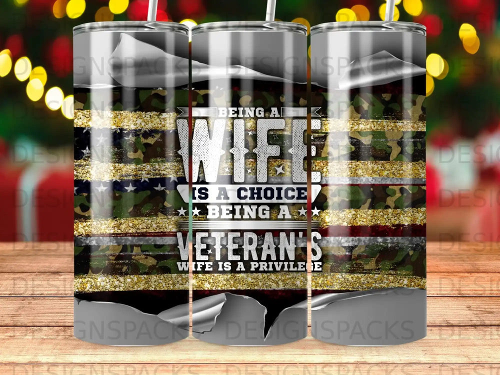 Wife of a veteran tumbler with camouflage and glitter design.