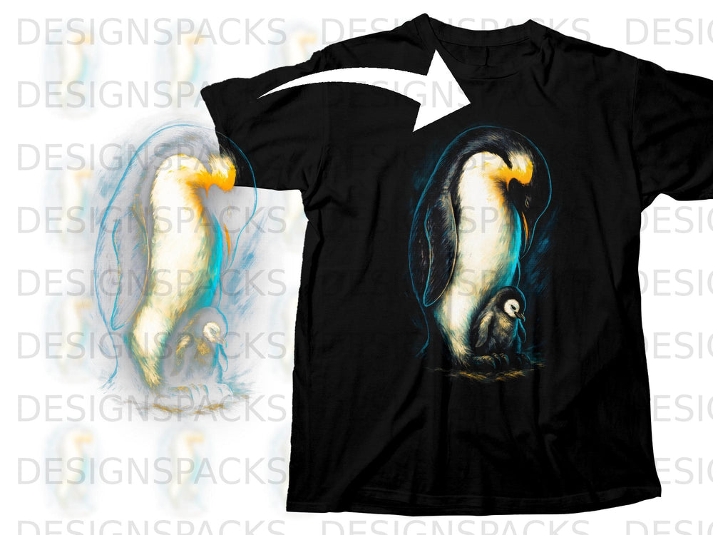 Black t-shirt featuring a mother and baby penguin graphic in blue and yellow tones.
