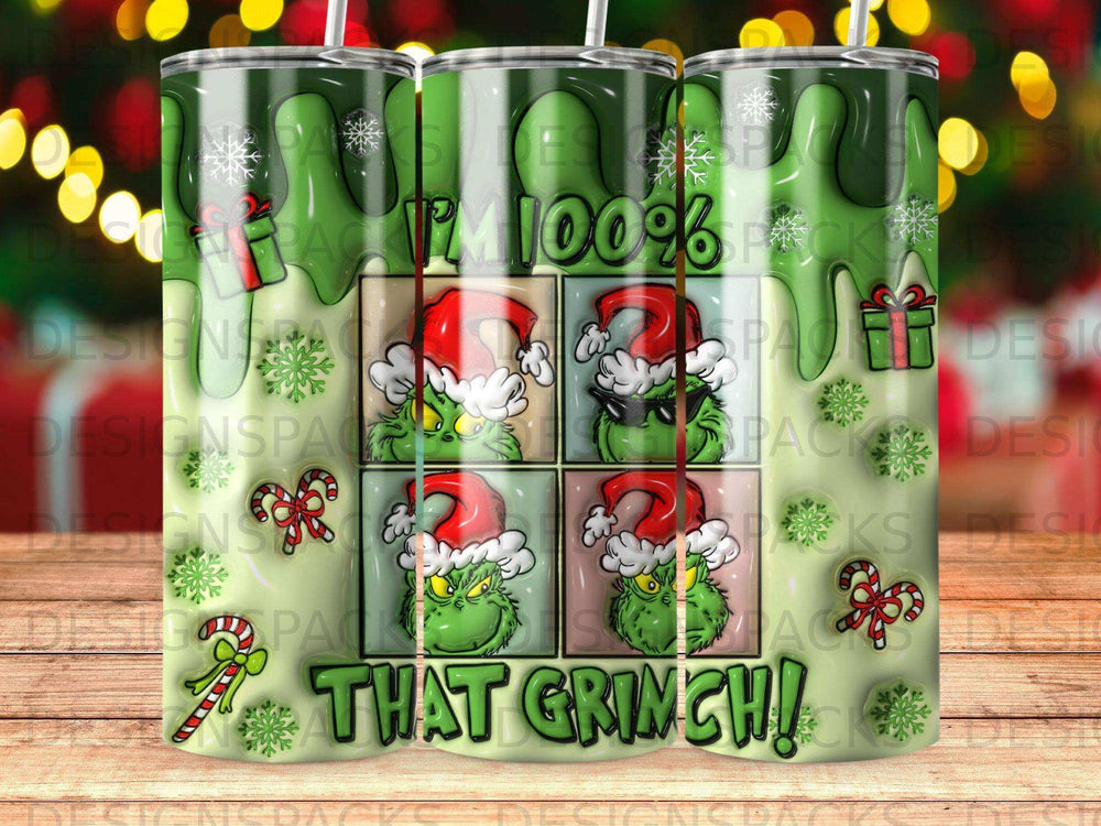 Green Grinch faces and holiday "100% THAT GRINCH!" text on a festive tumbler.