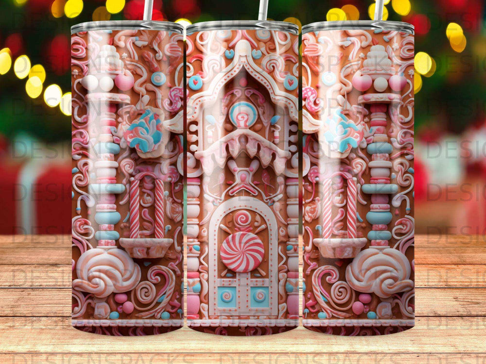 Gingerbread house with candy cane accents and lollipop detail on tumbler.