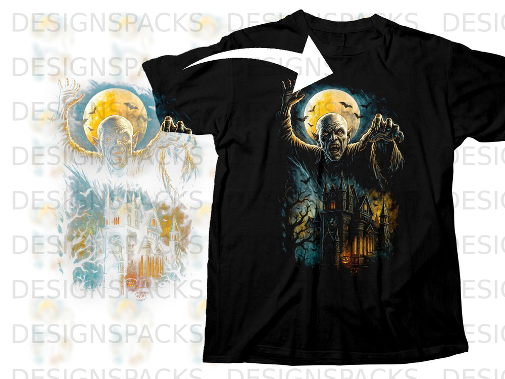 Black t-shirt with a monster reaching out under a full moon.