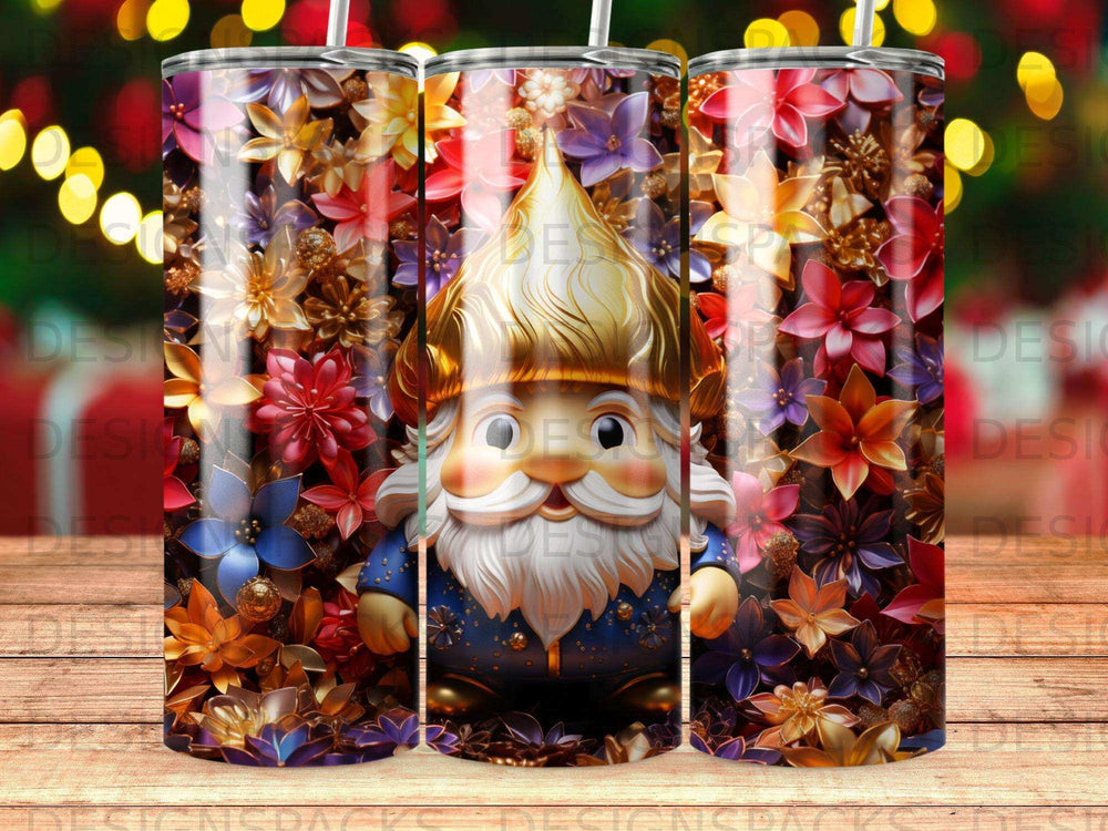 Gnome with golden hat and beard surrounded by colorful floral pattern.