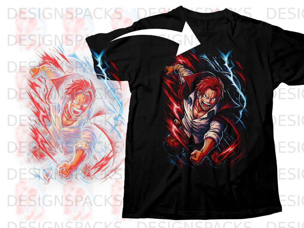 Black t-shirt featuring an anime character with red hair and a cape.