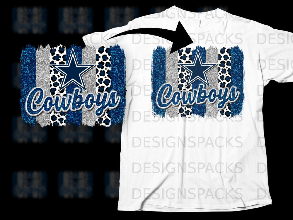 Dallas Cowboys glitter stripes and leopard print graphic with "Cowboys" text.