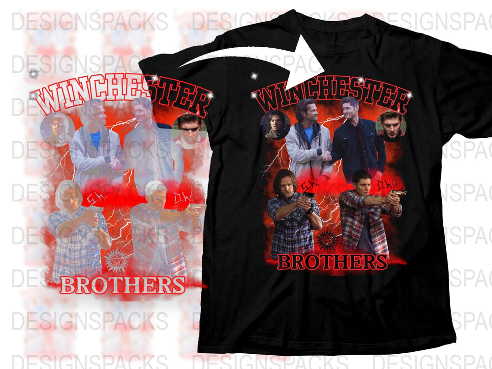 Winchester Brothers Graphic T-Shirt, Supernatural TV Show Inspired, Multiple Characters, Men's Black Tee
