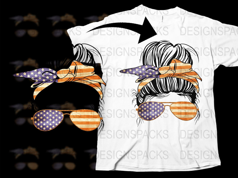 Women's Patriotic T-Shirt, American Flag Bow, Sunglasses, Summer Fashion Top, Casual Wear, Graphic Tee with Colorful Design, Trendy Look