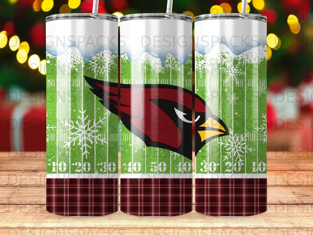 Arizona Cardinals tumbler with snowflake and plaid patterns.