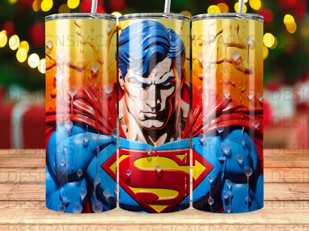 Superman's chest symbol with a superhero in the background.