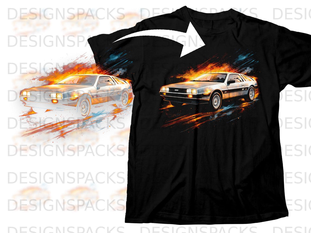 Black t-shirt with a graphic of a silver DeLorean car surrounded by flames.