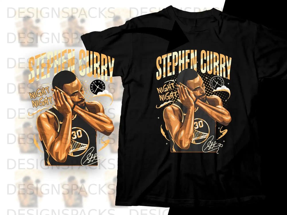 Stephen Curry graphic t-shirt with "Night Night" text and basketball imagery.
