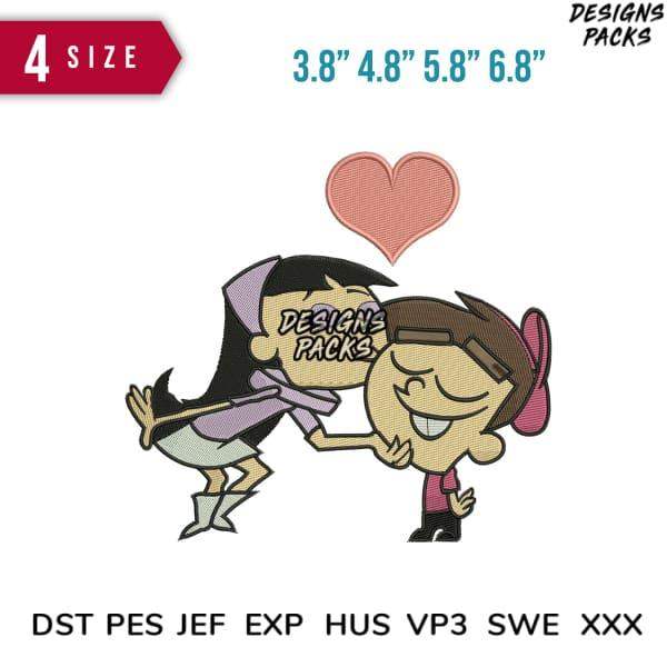 Cute cartoon couple embroidery design with heart, 4 sizes, DST PES JEF formats, print-ready for DTG/DTF