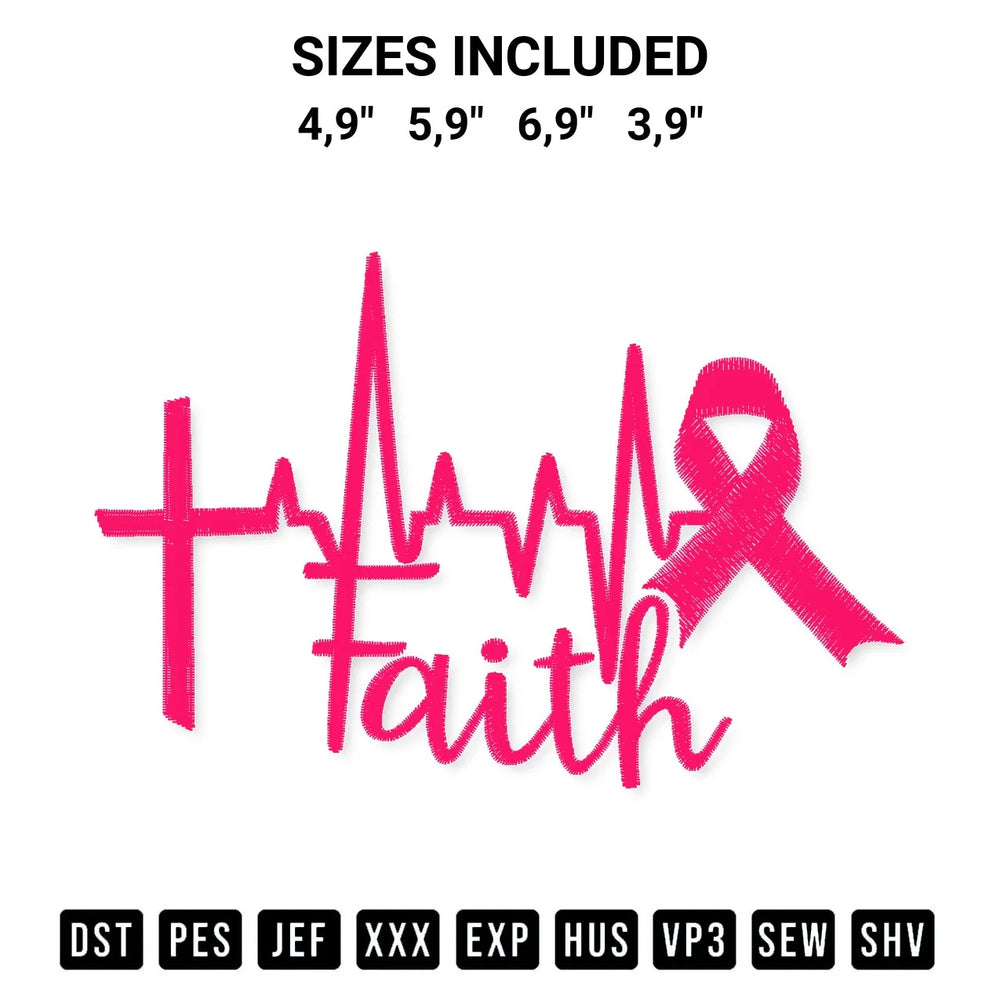 Faith Cross Heartbeat Pink Ribbon Breast Cancer Christian Cancer Survivor Logo Embroidery Design