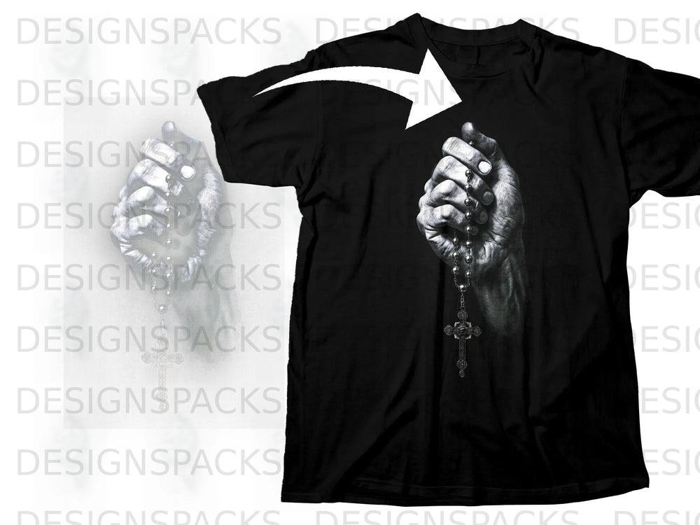 Black t-shirt featuring a grayscale image of hands holding rosary beads.