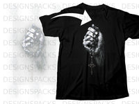 Load image into Gallery viewer, Black t-shirt featuring a grayscale image of hands holding rosary beads.
