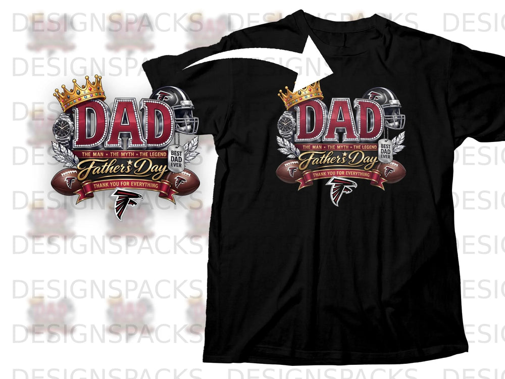 Black t-shirt with "DAD" graphic, crown, watch, helmet, and footballs.