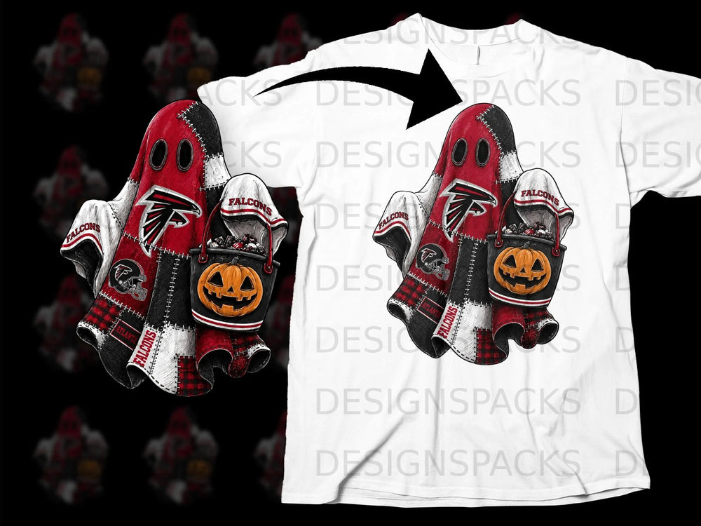 Falcons themed ghost with pumpkin bucket on a white t-shirt.