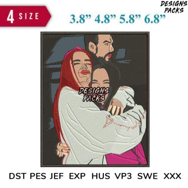 Embroidery design of couple hugging, available in multiple sizes and formats for instant download.