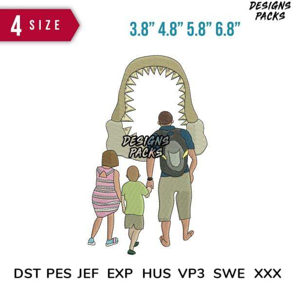 Family walking toward giant shark mouth, embroidery design in DST PES formats, 4 sizes available