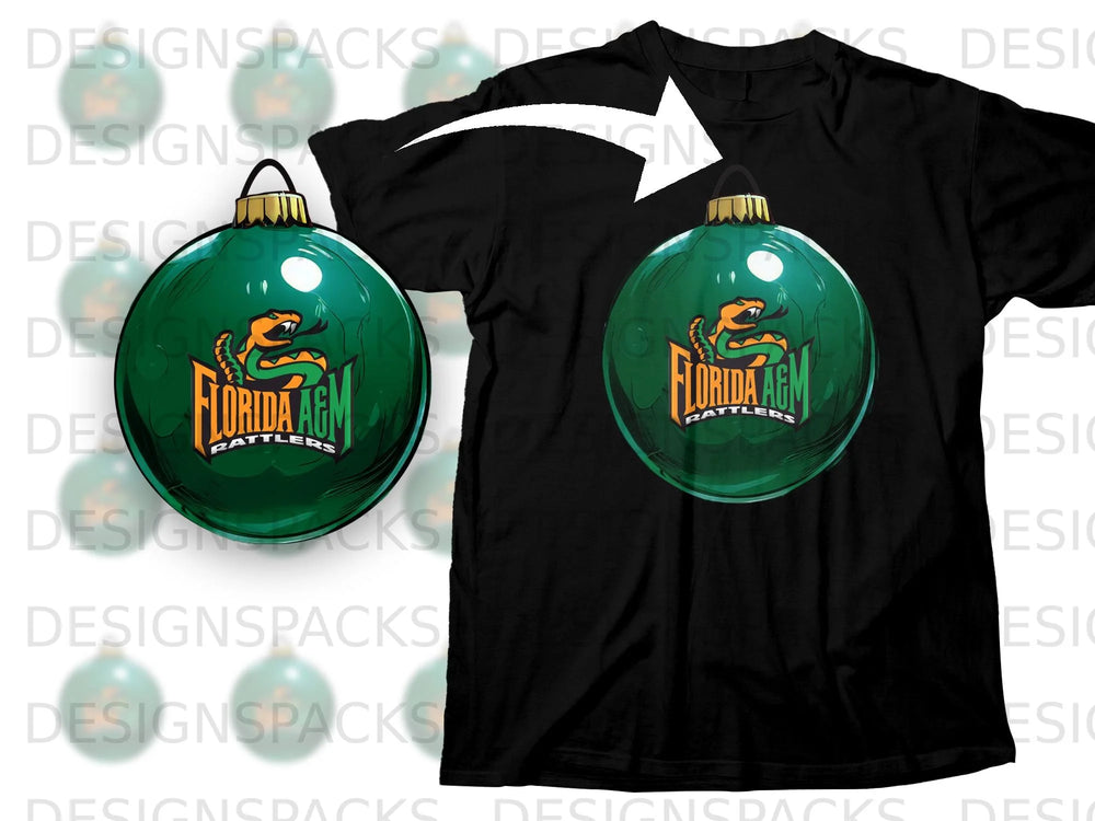 Green ornament with Florida A&M Rattlers logo on black t-shirt.