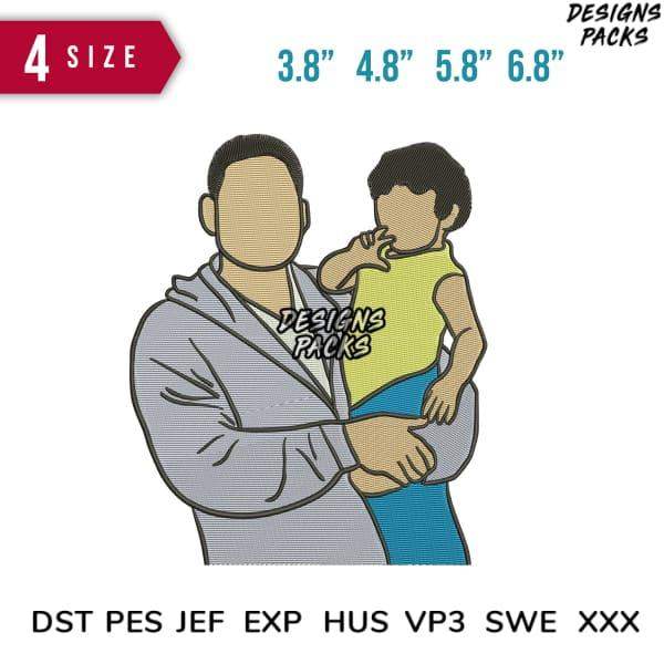 Father holding child design for embroidery, available in DST PES JEF formats, 4 size options