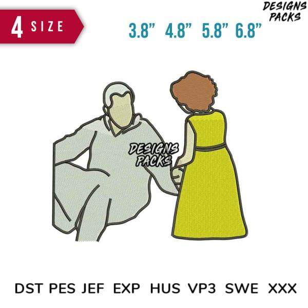 Embroidery design of couple holding hands, available in multiple sizes and formats