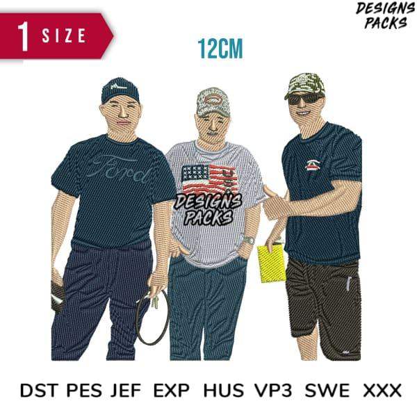Embroidery design featuring three men in casual wear, ideal for DTF/DTG and tumbler wraps, available in multiple formats.