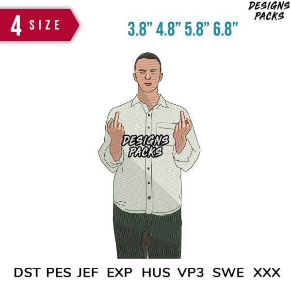 Embroidery design mockup on shirt with 'Designs Packs' text, available in 4 sizes & formats like PES, DST, EXP