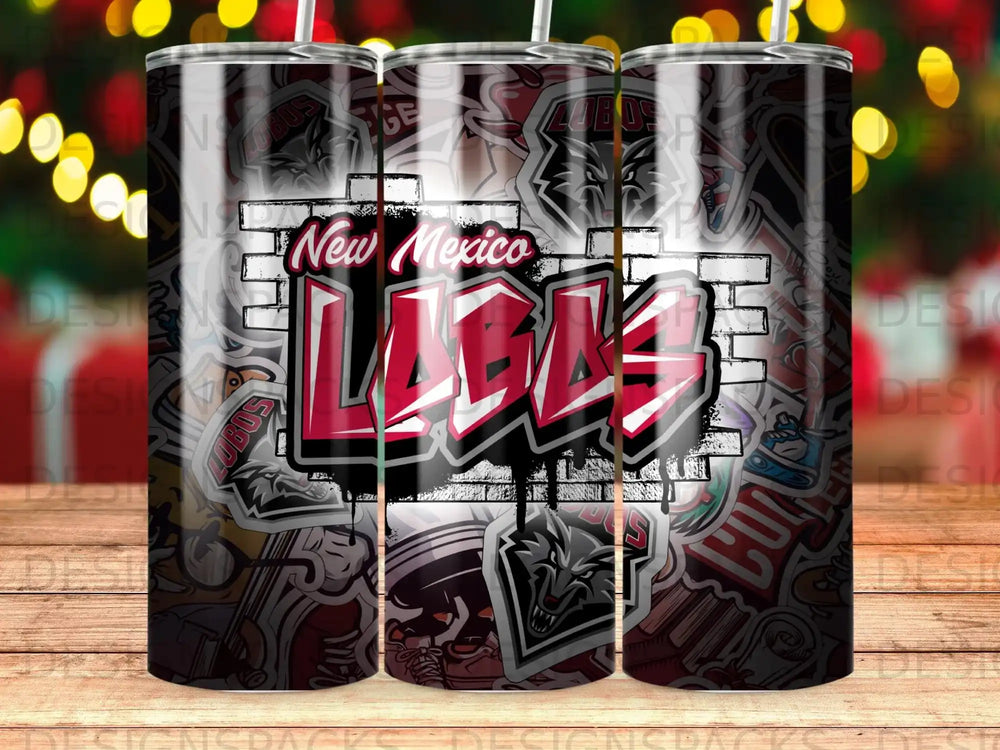 New Mexico Lobos logo on a tumbler with brick and wolf design.