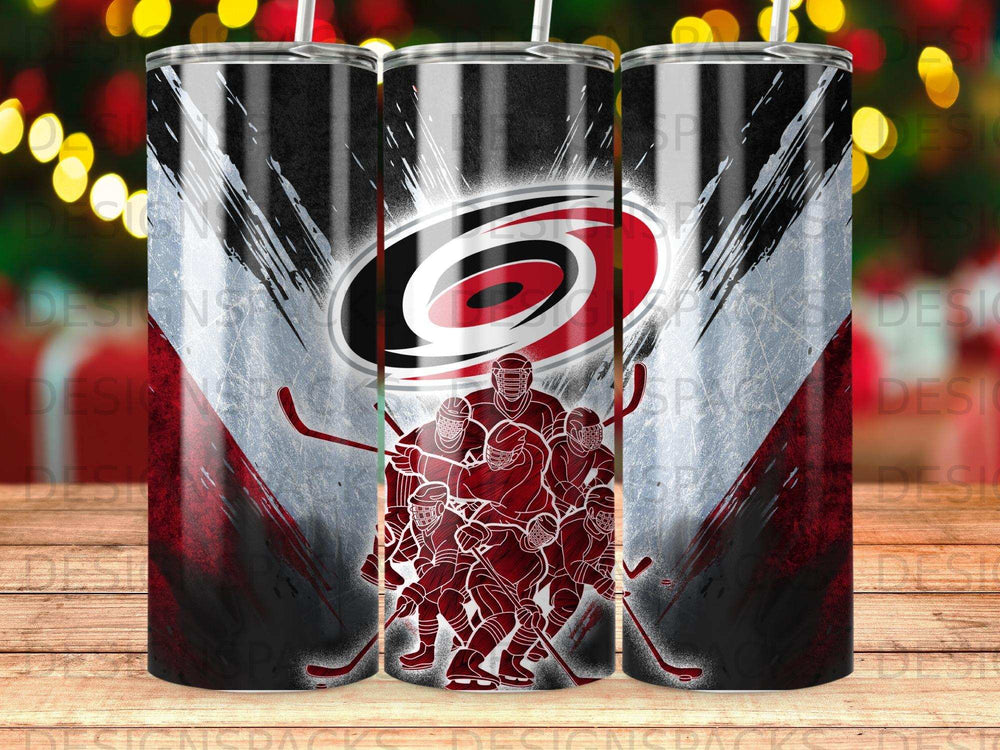 Carolina Hurricanes hockey team logo on a red and black striped tumbler.
