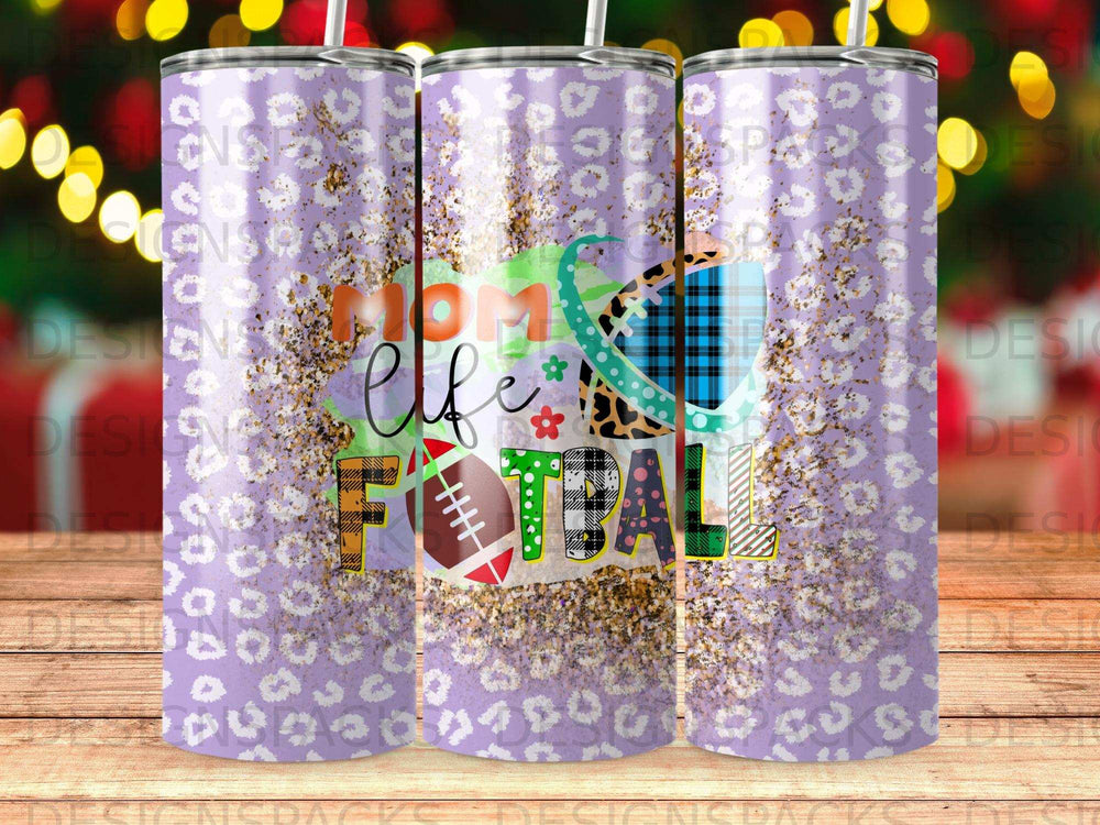 Mom life football tumbler with leopard print and plaid designs.