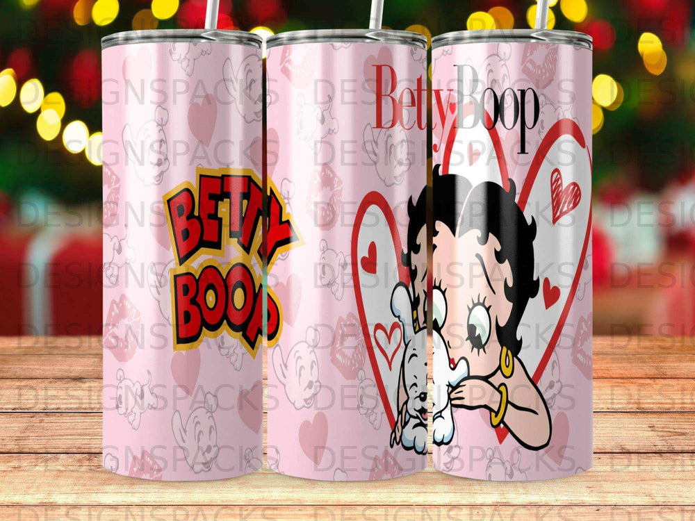 Betty Boop character with hearts and floral patterns on a tumbler.