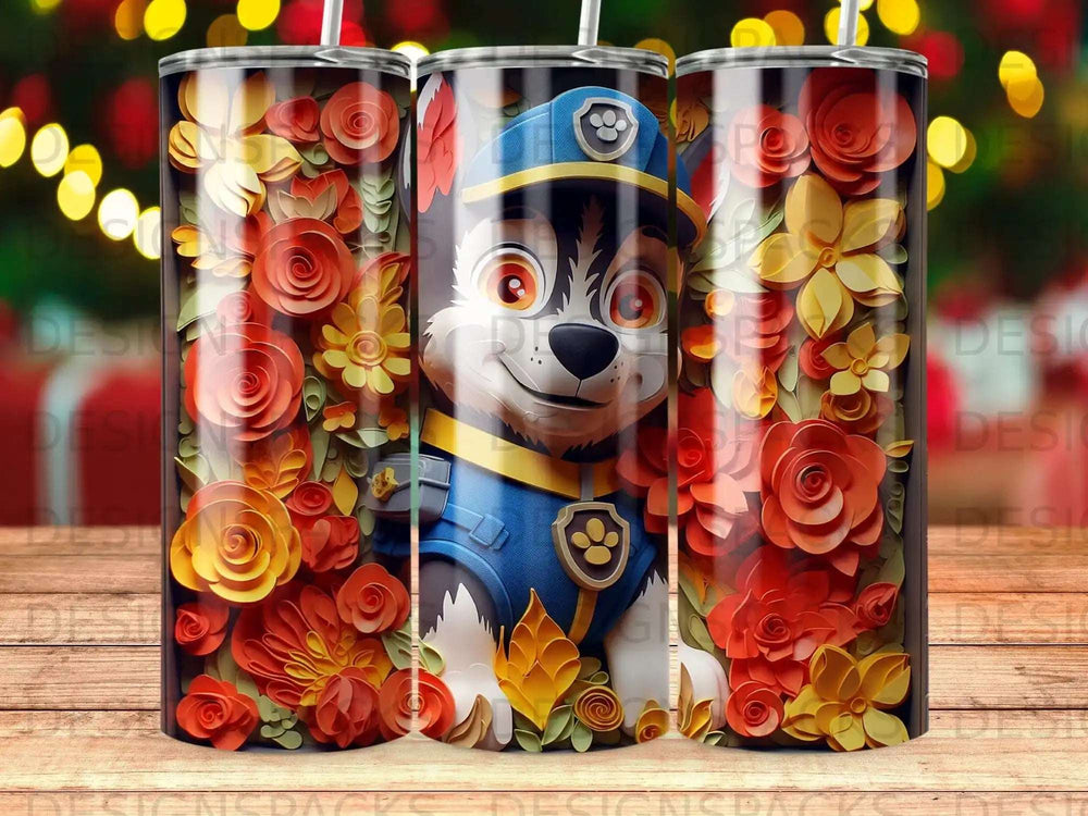 Cartoon dog in police uniform surrounded by floral paper cutouts.