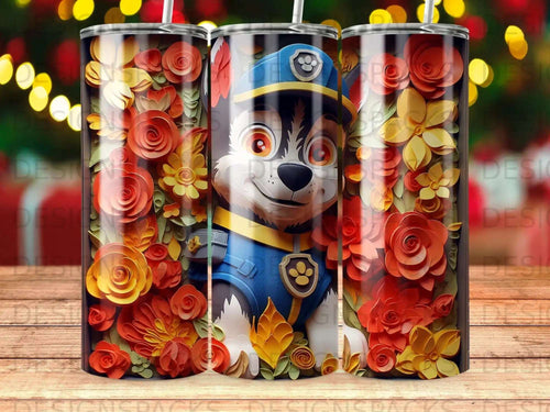 Cartoon dog in police uniform surrounded by floral paper cutouts.