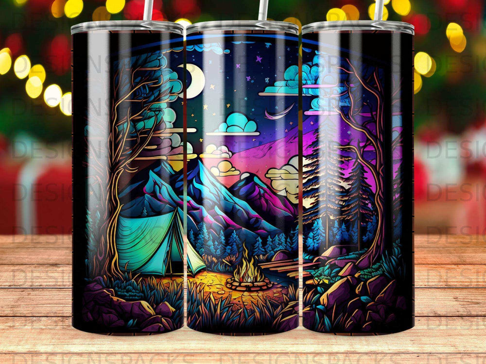 Camping tent glowing at night with campfire, mountains, and starry sky.
