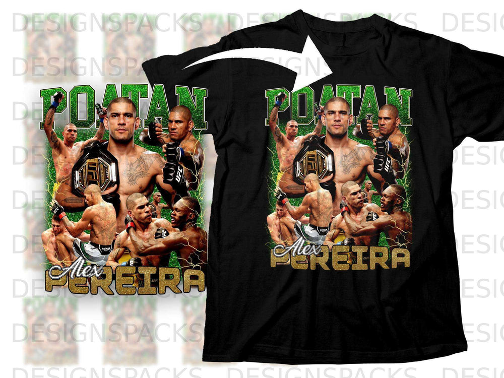Black t-shirt with Alex Pereira graphic, UFC championship belt, and gold lettering.