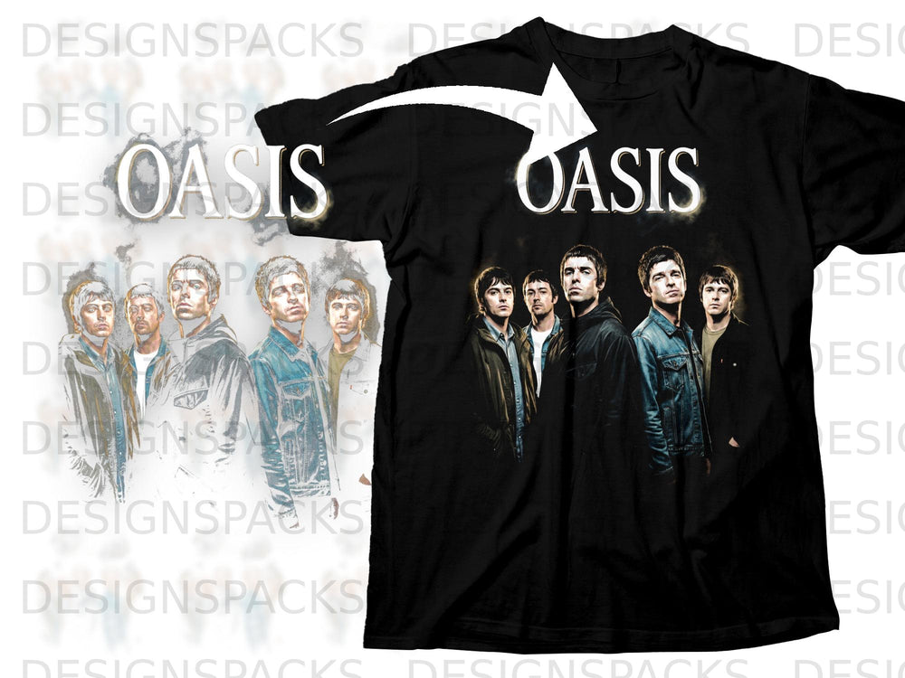 Black t-shirt with Oasis band members and logo.