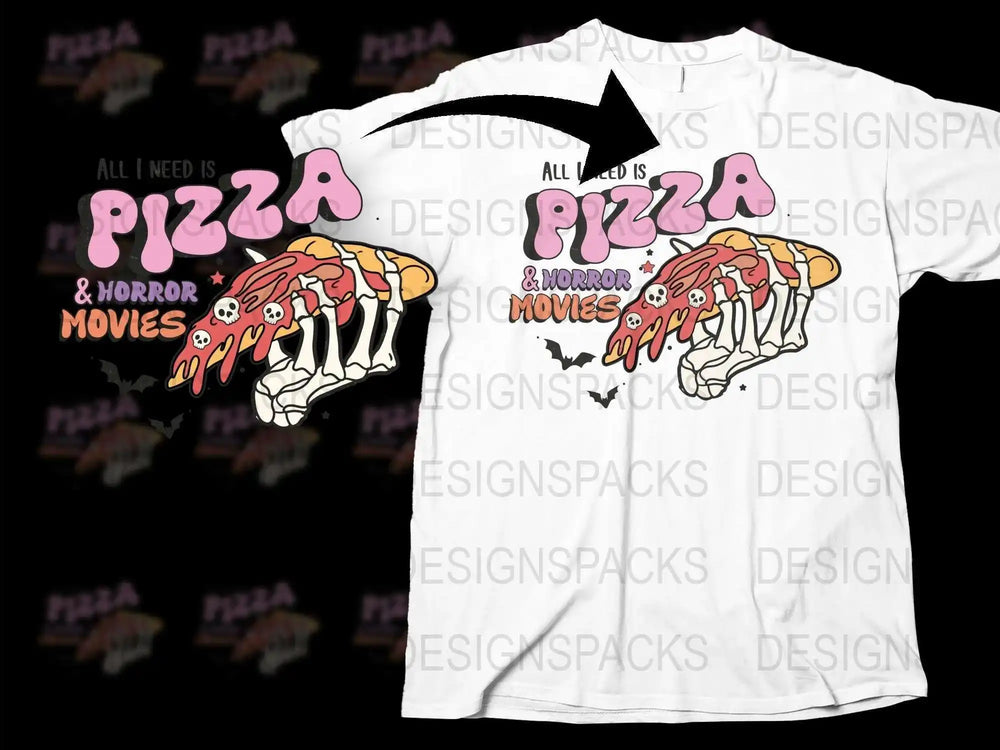 All I Need is Pizza and Horror Movies T-Shirt, Funny Horror Fan Tee, Unique Pizza Lover Gift