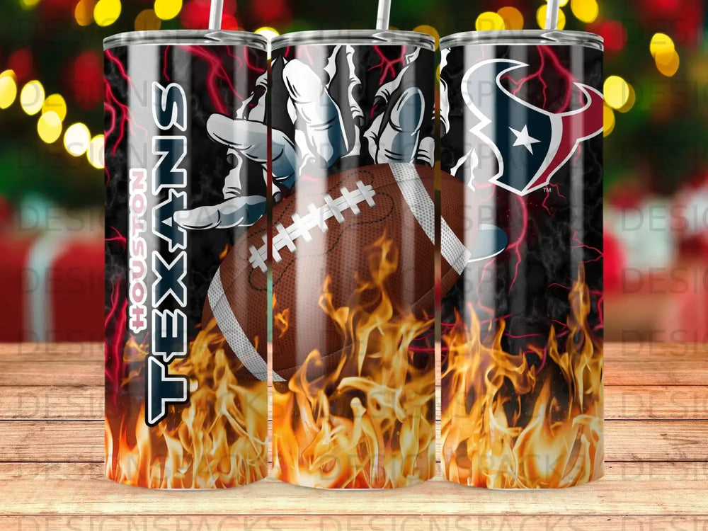 Houston Texans football tumbler with flames and team logo.