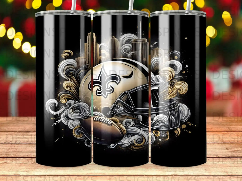 New Orleans Saints helmet and football with city skyline and swirling design.