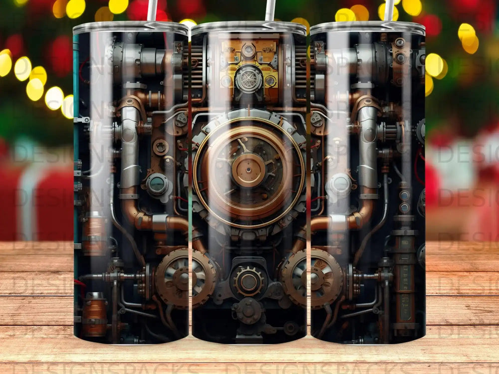 Steampunk gears and pipes pattern on a tumbler.