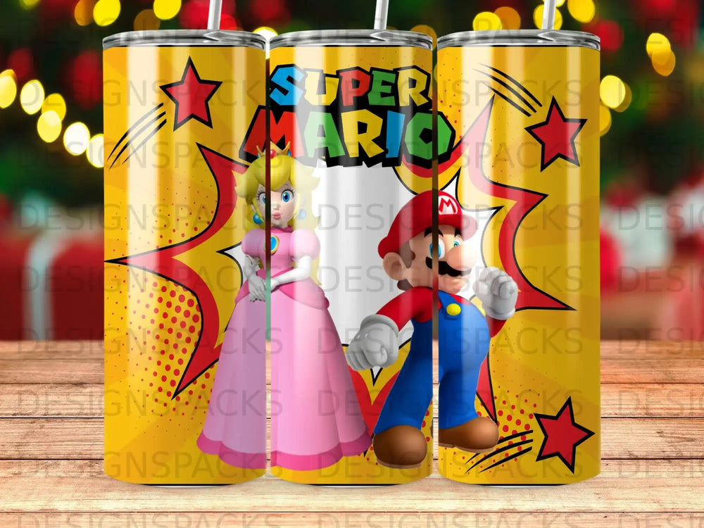 Super Mario characters and logos on three cylindrical tumblers.