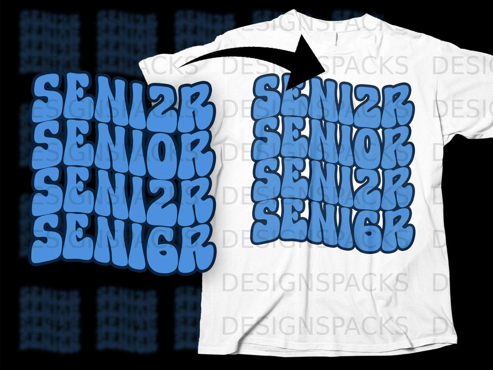 White t-shirt mockup with a blue "SENIOR" text graphic in a wavy font.